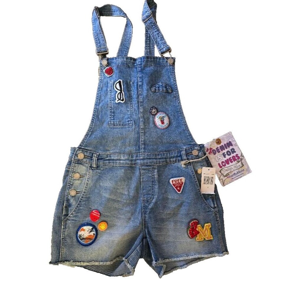 INDIGO REIN Women's Patchwork Overall Short Denim Stretch Distressed Siz…